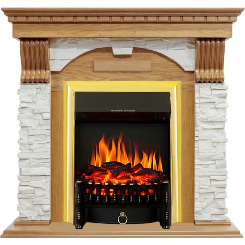 Каминокомплект Dublin - Дуб / Сланец белый с очагом Fobos FX Brass