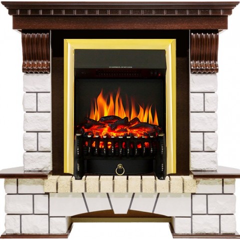 Каминокомплект Pierre Luxe - Темный дуб / Белый с очагом Fobos FX Brass