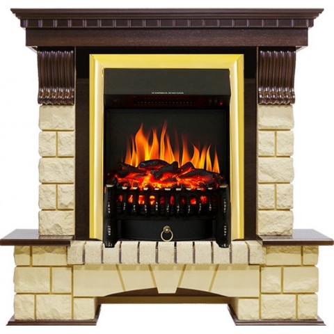 Каминокомплект Pierre Luxe - Темный дуб / Шампань с очагом Fobos FX Brass