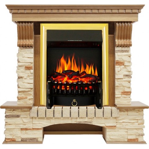 Каминокомплект Pierre Luxe - Дуб / Сланец с очагом Fobos FX Brass