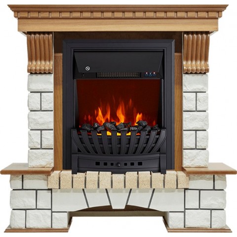 Каминокомплект Pierre Luxe - Дуб / Белый с очагом Aspen Black