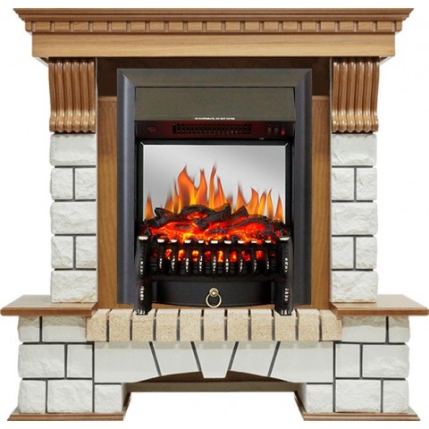 Каминокомплект Pierre Luxe - Дуб / Белый с очагом Fobos FX M Black