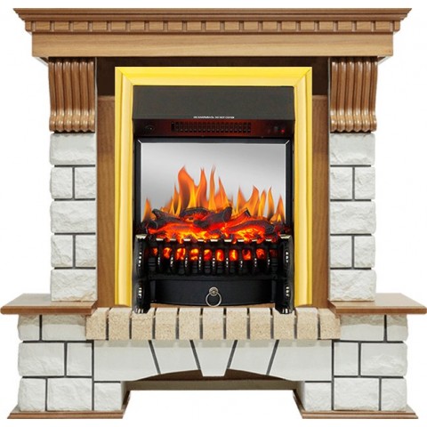 Каминокомплект Pierre Luxe - Дуб / Белый с очагом Fobos FX M Brass