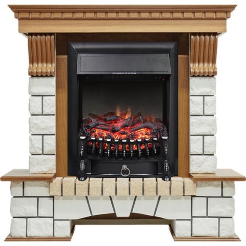 Каминокомплект Pierre Luxe - Дуб / Белый с очагом Fobos FX Black