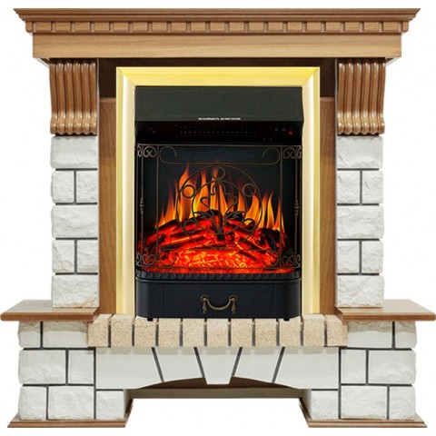 Каминокомплект Pierre Luxe - Дуб / Белый с очагом Majestic FX Brass