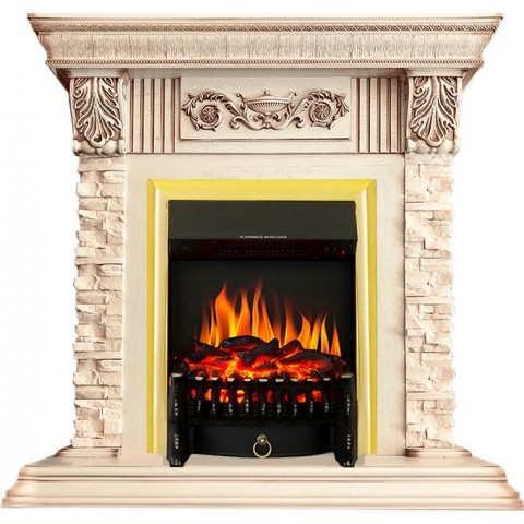 Каминокомплект Luxemburg (каменный) - Сланец/Cлоновая кость с патиной с очагом Fobos FX Brass