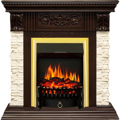 Каминокомплект Luxemburg (каменный) - Сланец/Темный дуб с очагом Fobos FX Brass