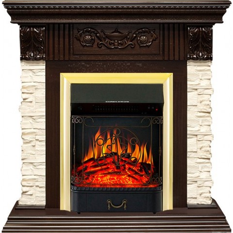 Каминокомплект Luxemburg (каменный) - Сланец/Темный дуб с очагом Majestic FX Brass