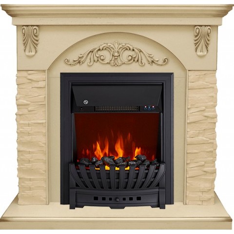 Каминокомплект Bern Сланец крупный бежевый / Алебастр темная патина с очагом Aspen Black