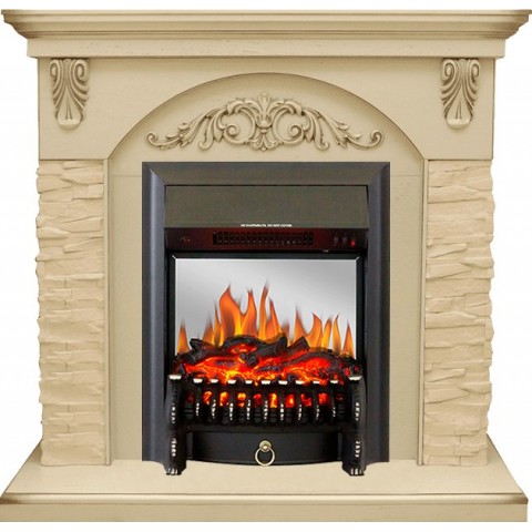 Каминокомплект Bern Сланец крупный бежевый / Алебастр темная патина с очагом Fobos FX M Black