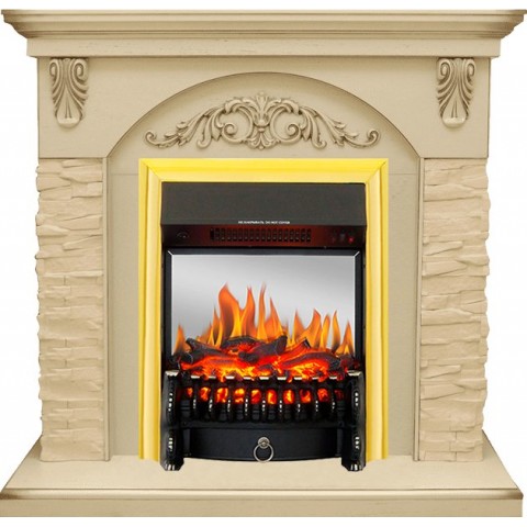 Каминокомплект Bern Сланец крупный бежевый / Алебастр темная патина с очагом Fobos FX M Brass