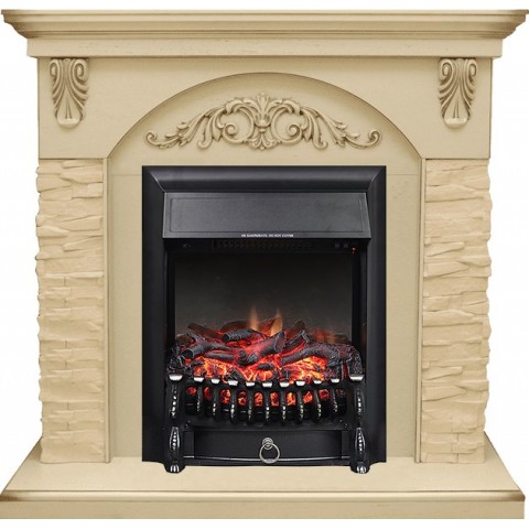 Каминокомплект Bern Сланец крупный бежевый / Алебастр темная патина с очагом Fobos FX Black