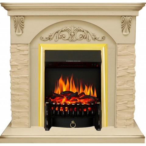 Каминокомплект Bern Сланец крупный бежевый / Алебастр темная патина с очагом Fobos FX Brass