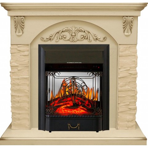 Каминокомплект Bern Сланец крупный бежевый / Алебастр темная патина с очагом Majestic FX M Black