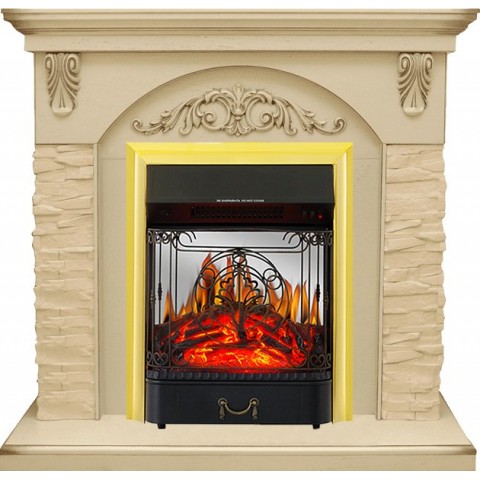 Каминокомплект Bern Сланец крупный бежевый / Алебастр темная патина с очагом Majestic FX M Brass