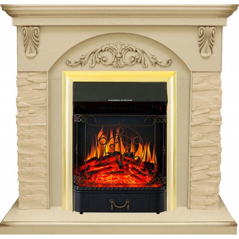 Каминокомплект Bern Сланец крупный бежевый / Алебастр темная патина с очагом Majestic FX Brass