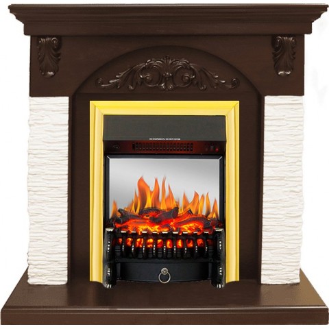 Каминокомплект Bern Сланец мелкий белый / Темный дуб с очагом Fobos FX M Brass