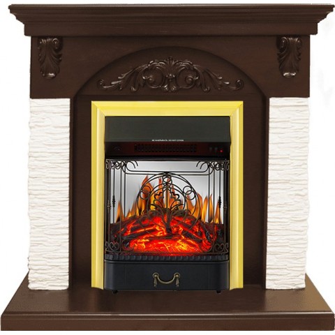 Каминокомплект Bern Сланец мелкий белый / Темный дуб с очагом Majestic FX M Brass