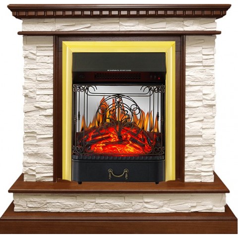 Каминокомплект Calgary - Дуб / Сланец белый с очагом Majestic FX M Brass