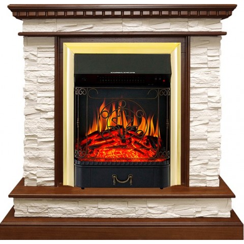 Каминокомплект Calgary - Дуб / Сланец белый с очагом Majestic FX Brass