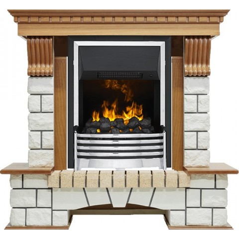 Каминокомплект Pierre Luxe - Дуб / Белый (Высота 1020мм) с очагом Flagstaff